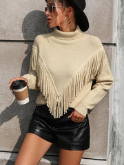 Women's Loose Fringed Sweater Knit Turtleneck Sweater - 808Lush