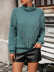 Women's Loose Fringed Sweater Knit Turtleneck Sweater - 808Lush