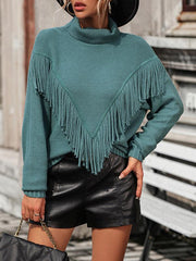 Women's Loose Fringed Sweater Knit Turtleneck Sweater - 808Lush