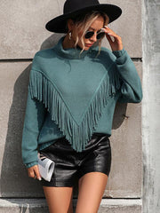 Women's Loose Fringed Sweater Knit Turtleneck Sweater - 808Lush