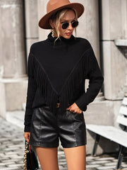 Women's Loose Fringed Sweater Knit Turtleneck Sweater - 808Lush