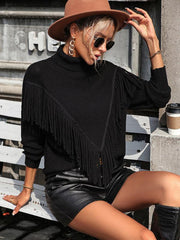 Women's Loose Fringed Sweater Knit Turtleneck Sweater - 808Lush