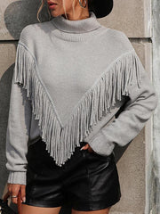 Women's Loose Fringed Sweater Knit Turtleneck Sweater - 808Lush