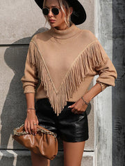 Women's Loose Fringed Sweater Knit Turtleneck Sweater - 808Lush