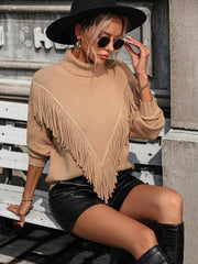 Women's Loose Fringed Sweater Knit Turtleneck Sweater - 808Lush