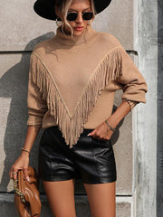 Women's Loose Fringed Sweater Knit Turtleneck Sweater - 808Lush