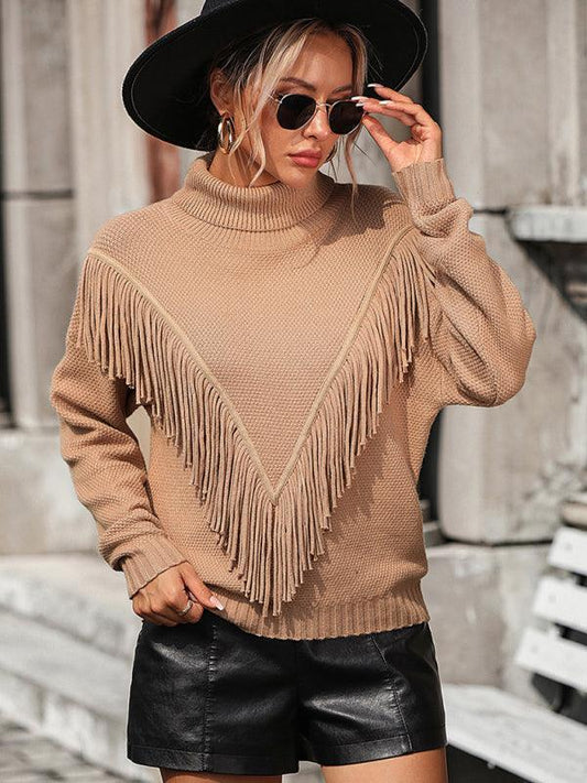 Women's Loose Fringed Sweater Knit Turtleneck Sweater - 808Lush