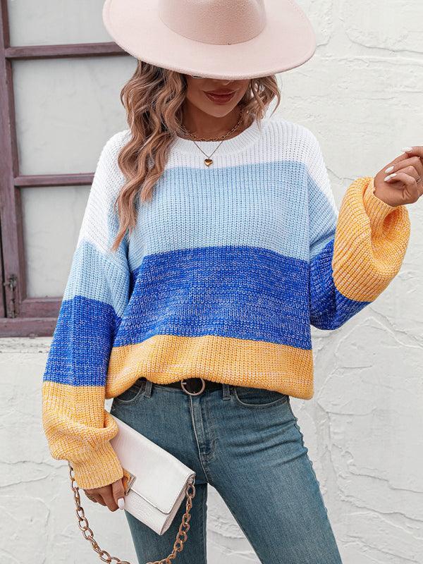 Women's Color Block Crew Neck Knit Fashion Sweater - 808Lush