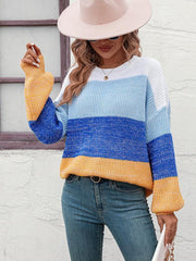 Women's Color Block Crew Neck Knit Fashion Sweater - 808Lush