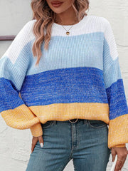 Women's Color Block Crew Neck Knit Fashion Sweater - 808Lush