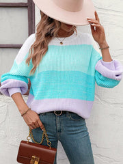 Women's Color Block Crew Neck Knit Fashion Sweater - 808Lush