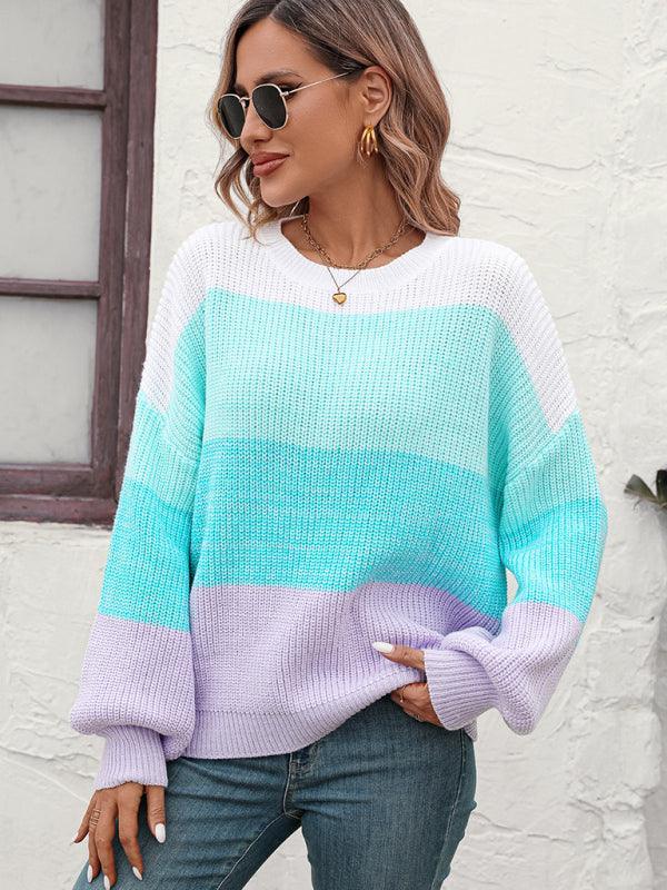 Women's Color Block Crew Neck Knit Fashion Sweater - 808Lush