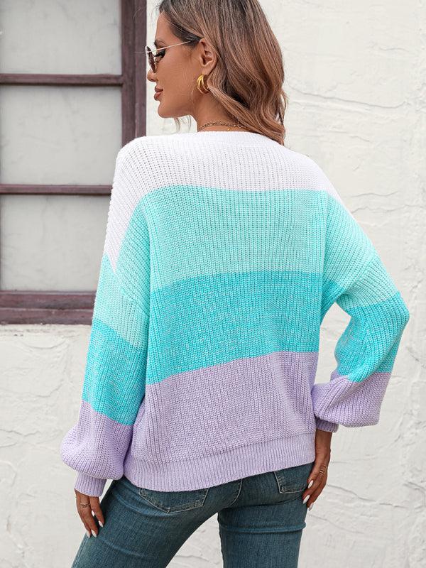 Women's Color Block Crew Neck Knit Fashion Sweater - 808Lush