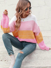 Women's Color Block Crew Neck Knit Fashion Sweater - 808Lush