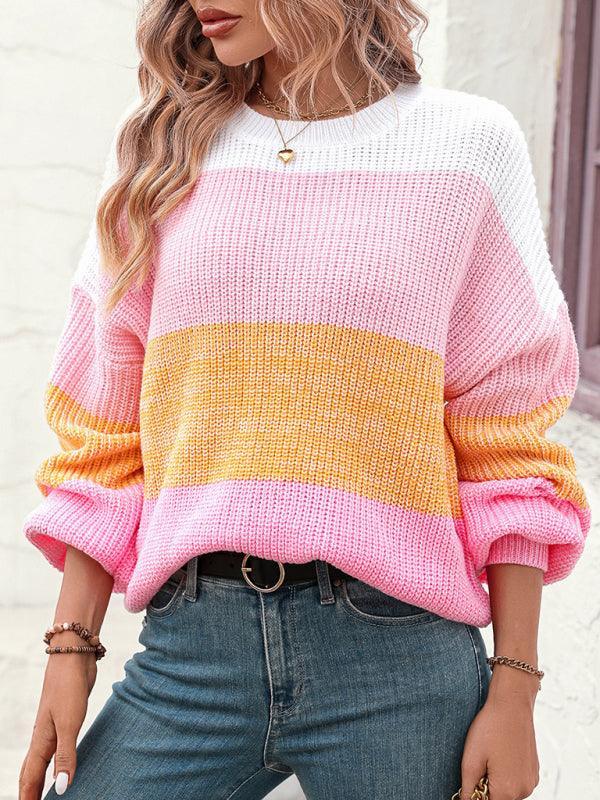 Women's Color Block Crew Neck Knit Fashion Sweater - 808Lush