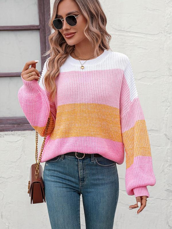 Women's Color Block Crew Neck Knit Fashion Sweater - 808Lush