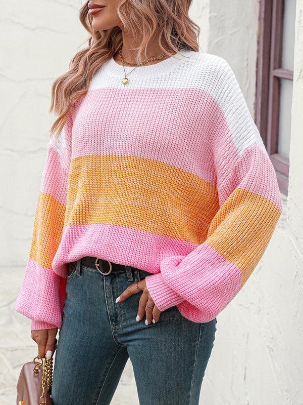 Women's Color Block Crew Neck Knit Fashion Sweater - 808Lush