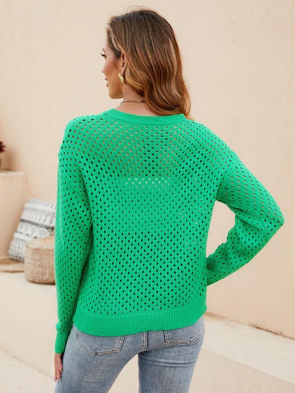 Solid Color Women's Knit Cutout Pullover Crew Neck Sweater - 808Lush