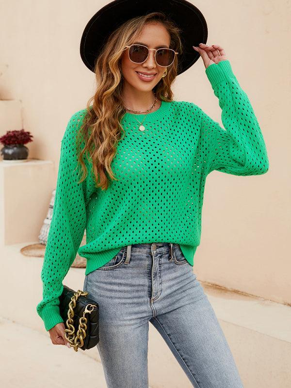 Solid Color Women's Knit Cutout Pullover Crew Neck Sweater - 808Lush