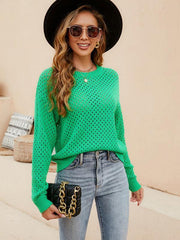 Solid Color Women's Knit Cutout Pullover Crew Neck Sweater - 808Lush