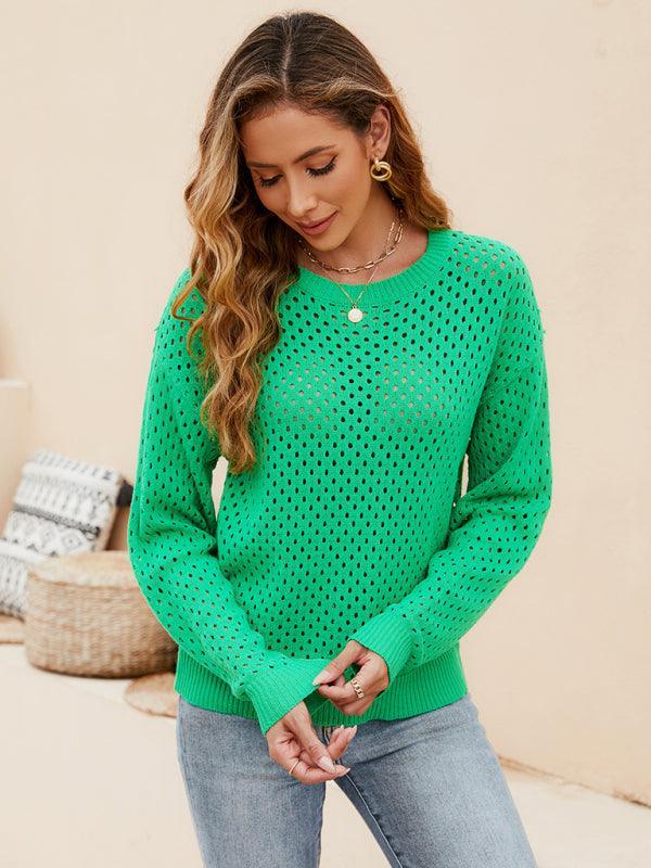 Solid Color Women's Knit Cutout Pullover Crew Neck Sweater - 808Lush