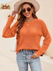 Solid Color Women's Knit Cutout Pullover Crew Neck Sweater - 808Lush