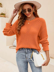 Solid Color Women's Knit Cutout Pullover Crew Neck Sweater - 808Lush