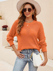 Solid Color Women's Knit Cutout Pullover Crew Neck Sweater - 808Lush