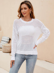 Solid Color Women's Knit Cutout Pullover Crew Neck Sweater - 808Lush