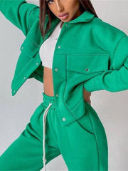 Solid color women's jacket casual trousers suit long-sleeved sweater two-piece suit - 808Lush