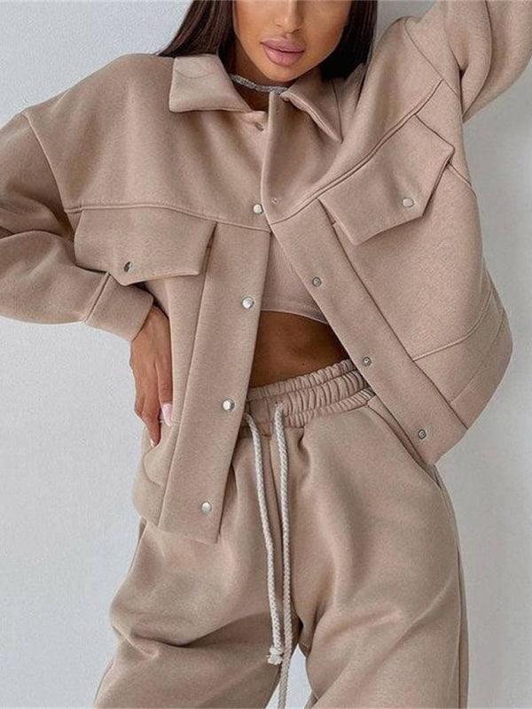 Solid color women's jacket casual trousers suit long-sleeved sweater two-piece suit - 808Lush