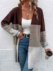 women's long-sleeved color-blocking long sweater cardigan