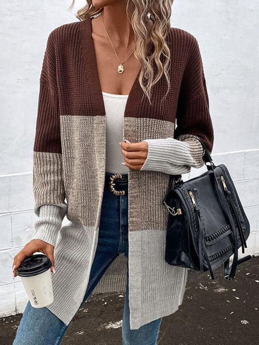 women's long-sleeved color-blocking long sweater cardigan