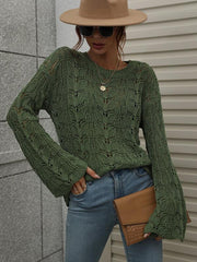 Trumpet sleeve hollow pullover round neck loose sweater women - 808Lush