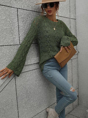 Trumpet sleeve hollow pullover round neck loose sweater women - 808Lush