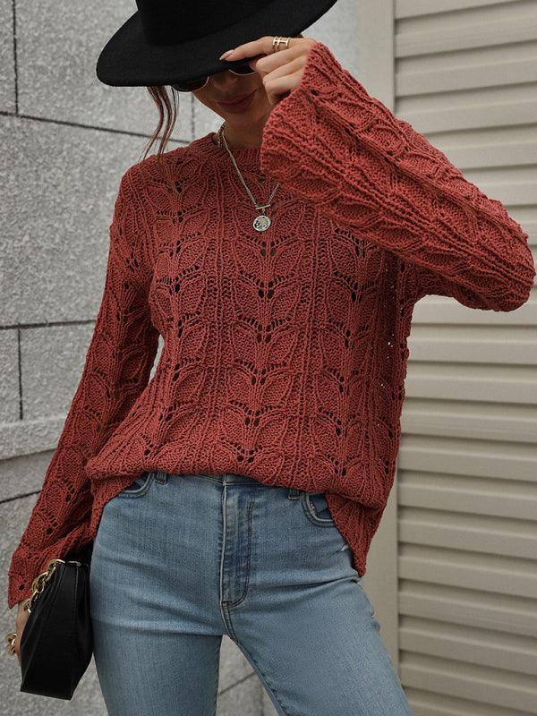 Trumpet sleeve hollow pullover round neck loose sweater women - 808Lush