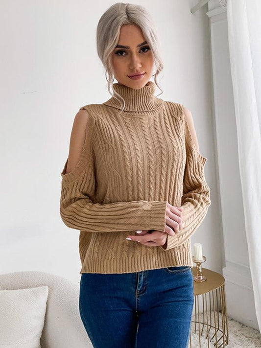 turtleneck solid color long-sleeved twist off-shoulder sweater - 808Lush
