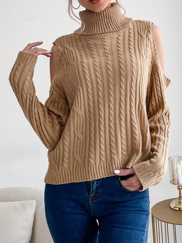 turtleneck solid color long-sleeved twist off-shoulder sweater - 808Lush