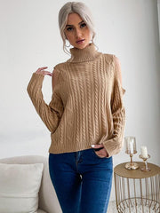 turtleneck solid color long-sleeved twist off-shoulder sweater - 808Lush