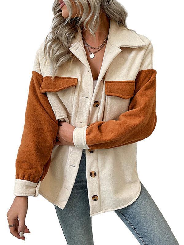 Women's fashion lapel color-block long-sleeved polar fleece jacket - 808Lush