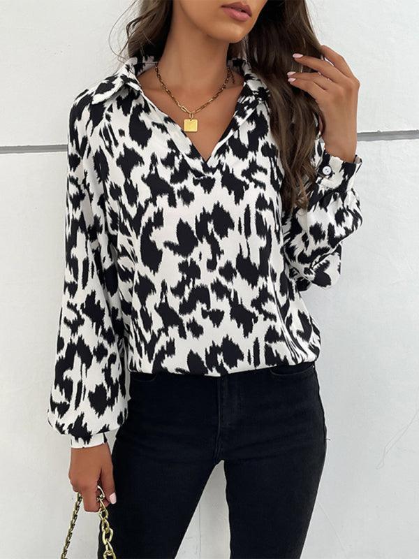 Retro Fashion Lapel Long Sleeve Printed Shirt Top - 808Lush