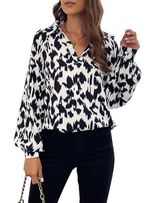 Retro Fashion Lapel Long Sleeve Printed Shirt Top - 808Lush