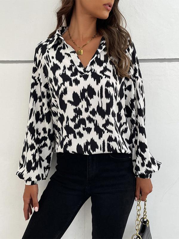 Retro Fashion Lapel Long Sleeve Printed Shirt Top - 808Lush