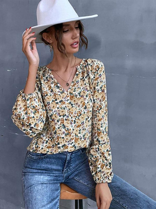 holiday fashion women's loose v-neck long-sleeved floral shirt - 808Lush