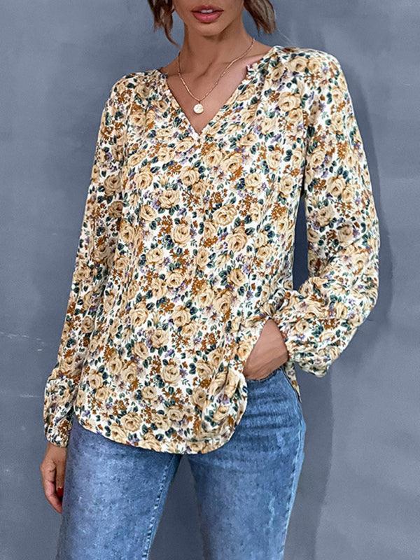 holiday fashion women's loose v-neck long-sleeved floral shirt - 808Lush