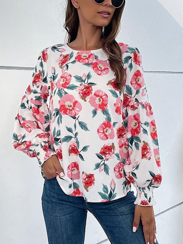 Women's Round Neck Long Sleeve Floral Shirt Top - 808Lush