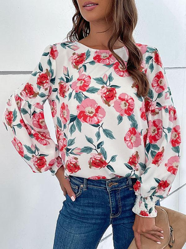 Women's Round Neck Long Sleeve Floral Shirt Top - 808Lush