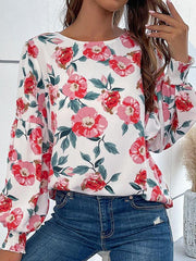 Women's Round Neck Long Sleeve Floral Shirt Top - 808Lush