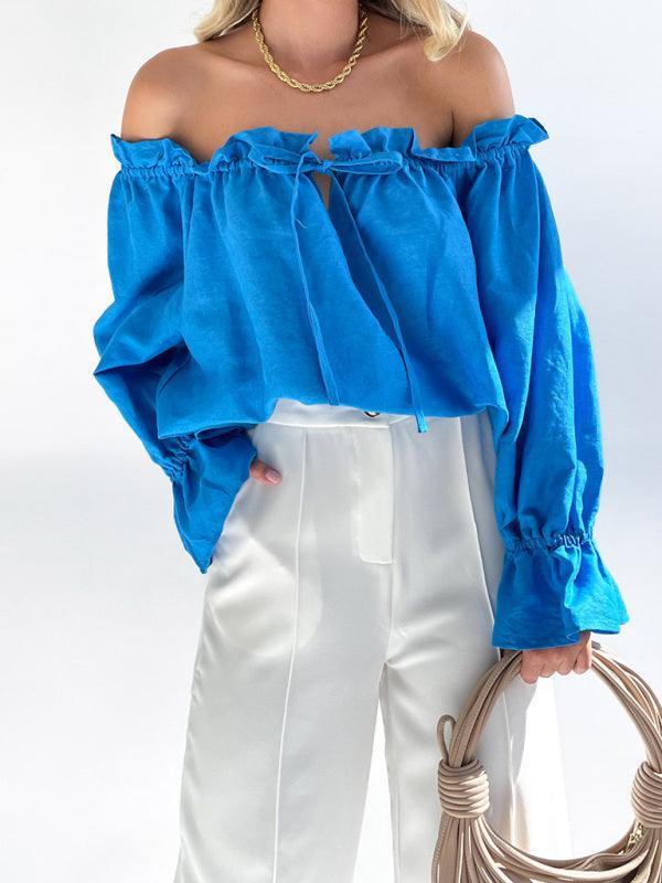 Elegant Bandage Loose Casual One Shoulder Balloon Sleeve Top - 808Lush