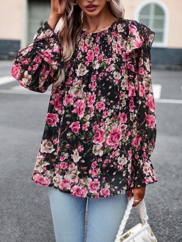 women's elegant commuter floral long-sleeved shirt - 808Lush